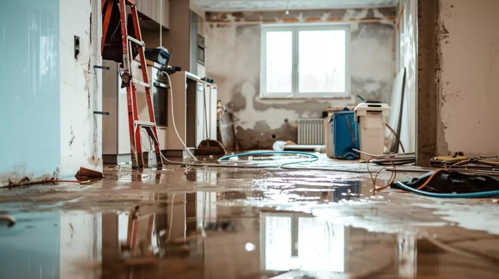 Raum mit stehendem Wasser nach einem Wasserschaden – AG-die Handwerker